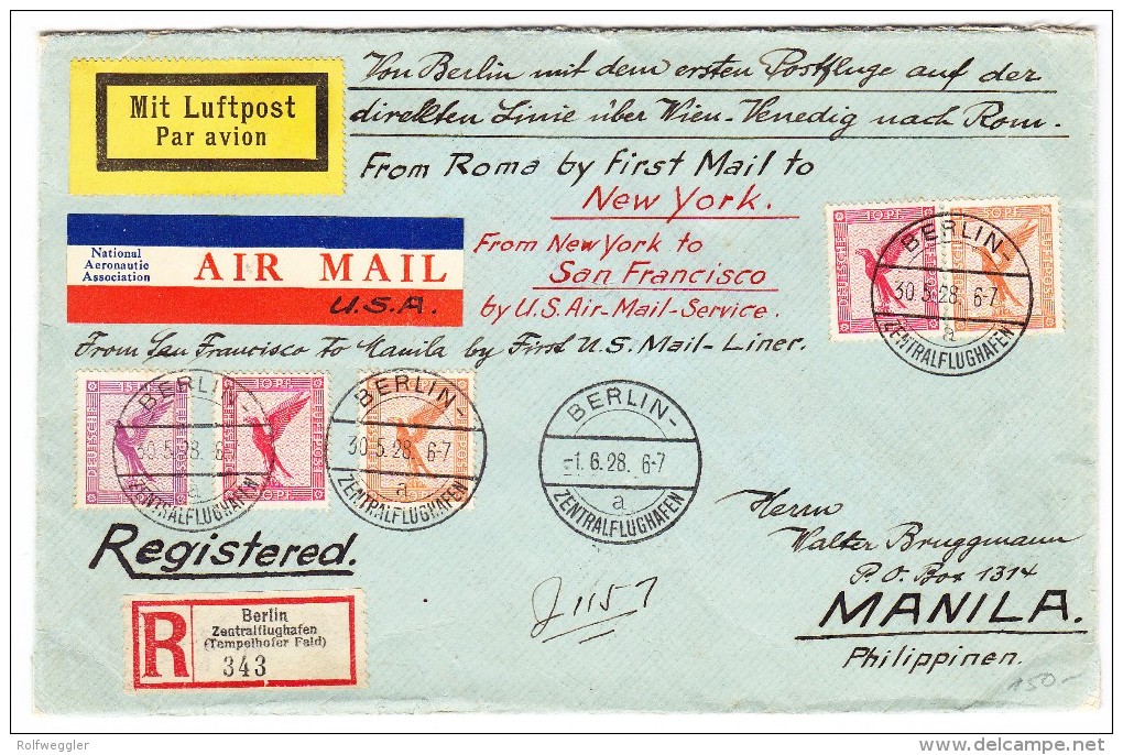 DR - Luftpost-R-Brief 1928-05-30 Berlin Nach Manila Philippinen Rücks. Transit-Stempel Italien, USA AK-0 Und Vignetten - Poste Aérienne & Zeppelin