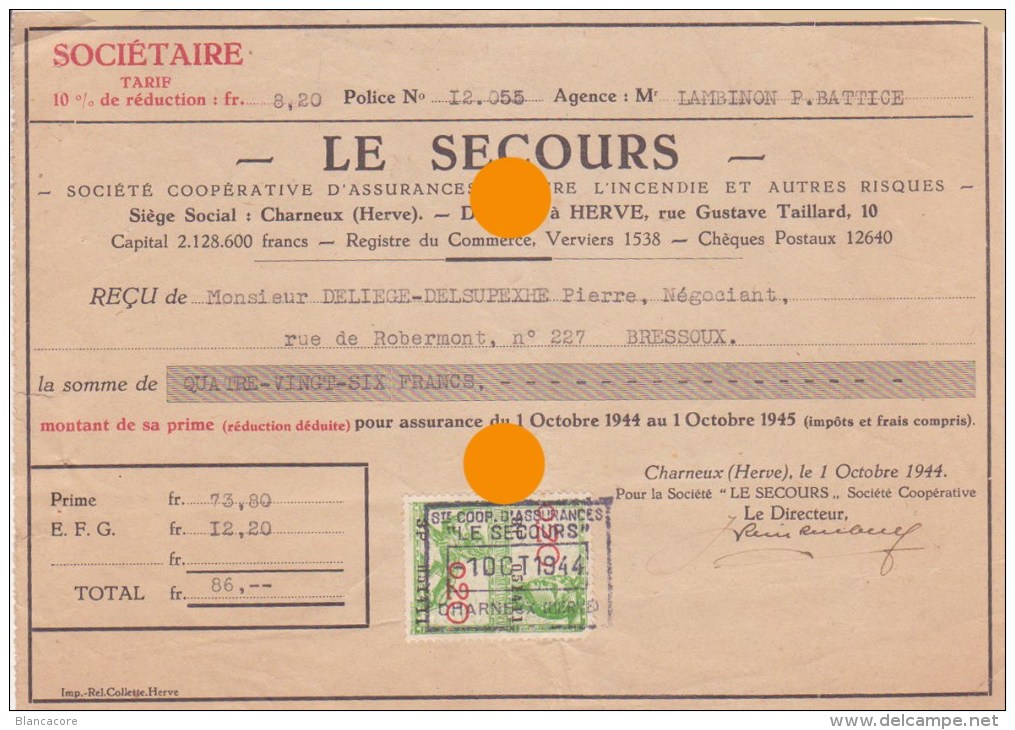 CHARNEUX HERVE 1944 LE SECOURS  ASSURANCES - Banque & Assurance