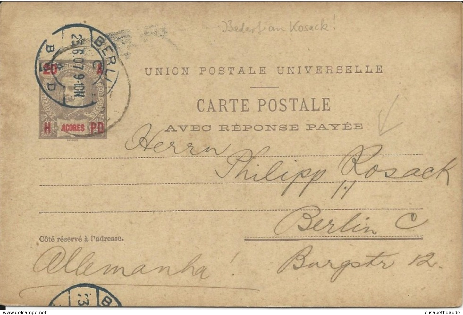 ACORES - 1907 - CARTE ENTIER POSTAL RARE AVEC REPONSE PAYEE De HORTA Pour BERLIN - Azores