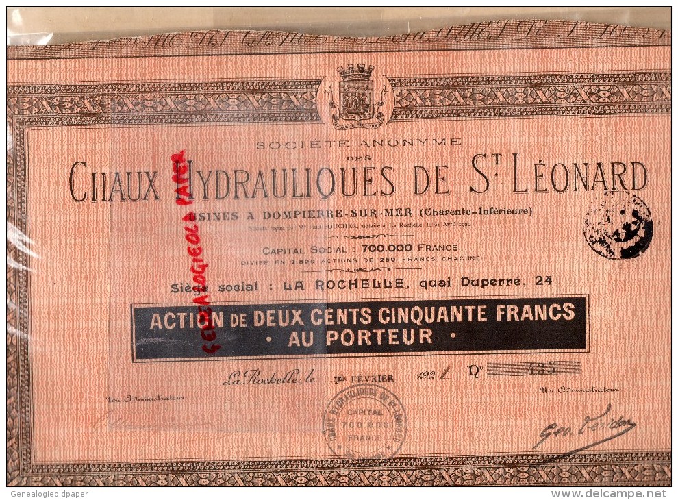 17 - DOMPIERRE SUR MER - RARE ACTION 250 FRANCS AU PORTEUR- CHAUX HYDRAULIQUES DE SAINT LEONARD- LA ROCHELLE 1ER-02-1921 - Other & Unclassified
