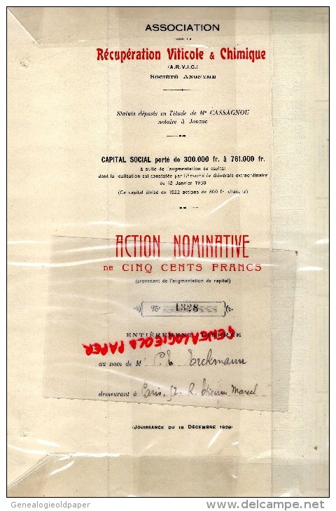 17 -  JONZAC-RARE ACTION DE 500 FRANCS- ASSOCIATION RECUPERATION VITICOLE ET CHIMIQUE - ARVIC- ME CASSAGNOU- 1929 - Autres & Non Classés