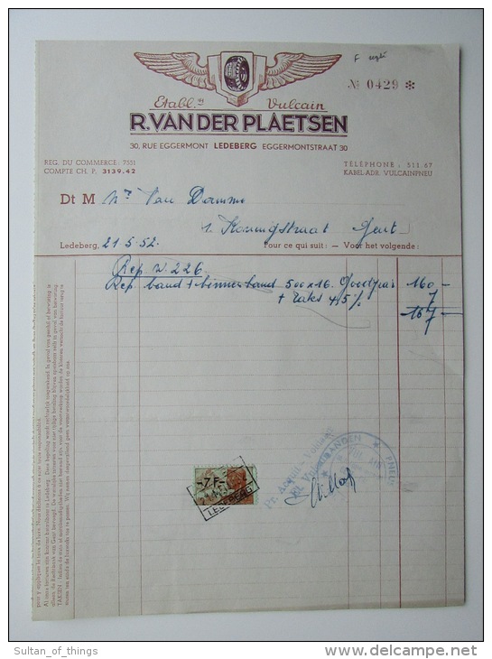 1952 Factuur Invoice Etablissements Vulcain Pneus Banden Ledeberg Gent Gand - 1950 - ...