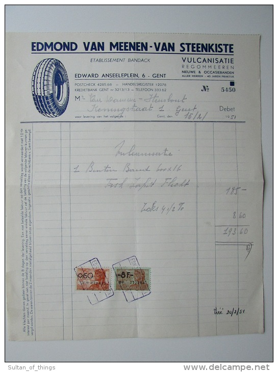 1951 Factuur Invoice Garage Edmond Van Meenen Vulcanisatie Bandack Regommeeren Pneus Banden Gent Gand - 1950 - ...