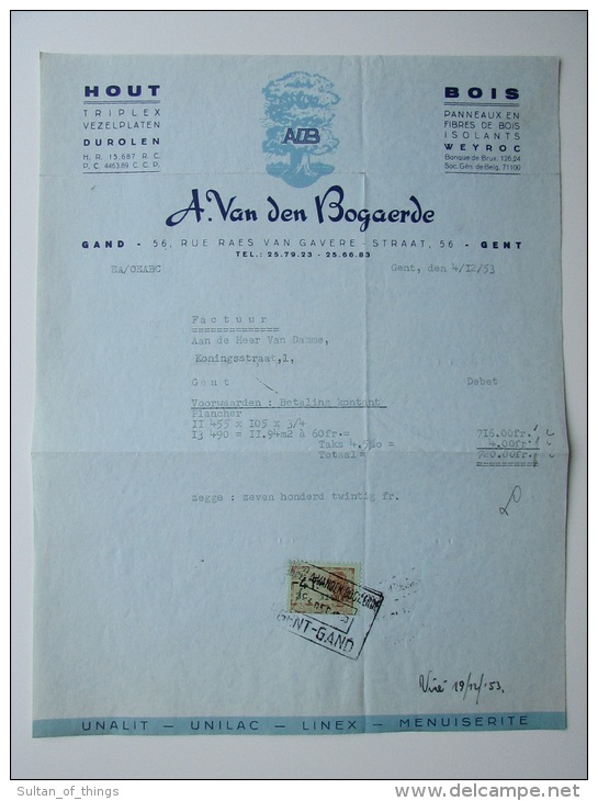 1953 Factuur Invoice Van Den Bogaerde Hout Triplex Bois Gent Gand - 1950 - ...