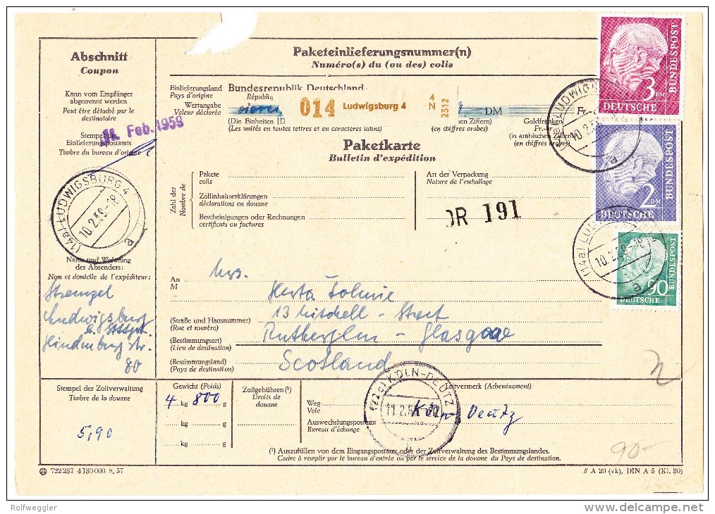 D - Paketkarte 10.2.1959 Ludwigsburg Nach Glasgow Schottland - Lettres & Documents
