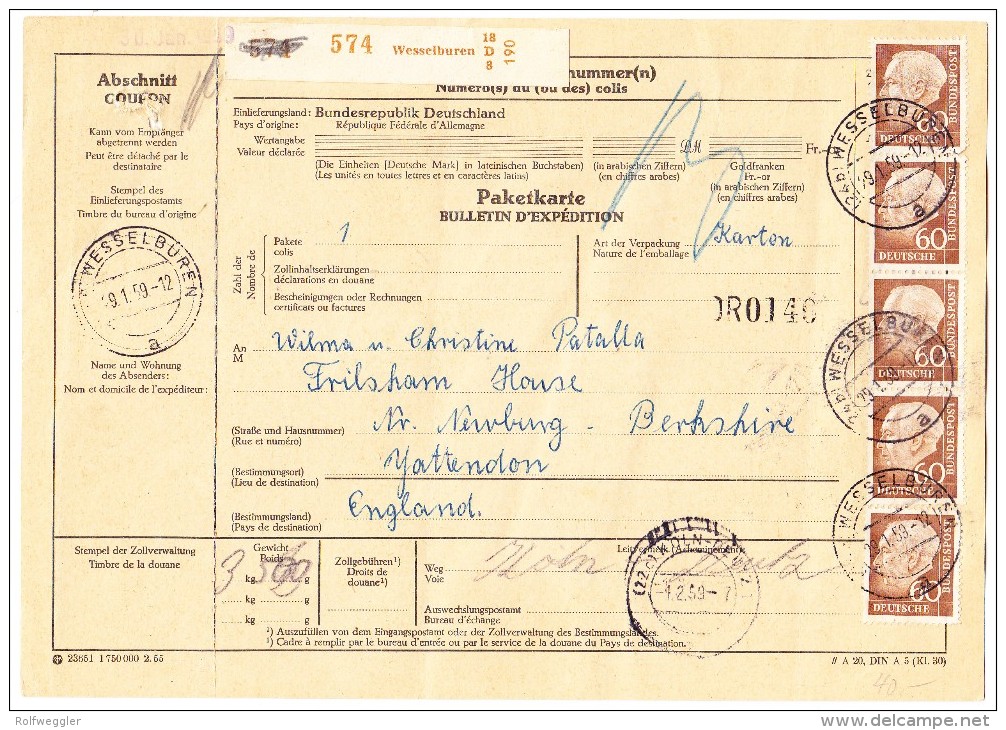 D - Paketkarte 29.1.1959 Wesselbüren Nach Newburg GB - Lettres & Documents