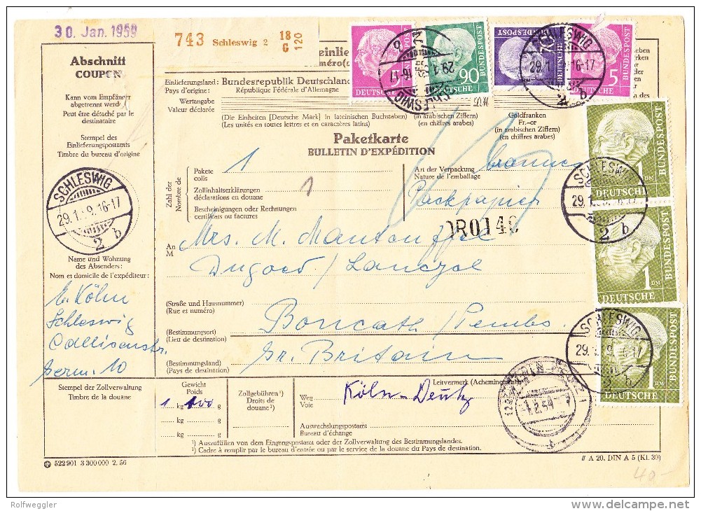 D - Paketkarte 29.1.1959Schleswig Nach Boncath GB - Lettres & Documents