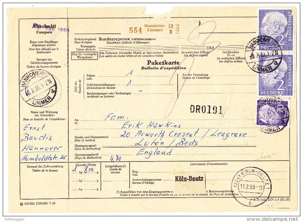 D - Paketkarte 6.2.1959 Hannover Nach Luton England - Lettres & Documents