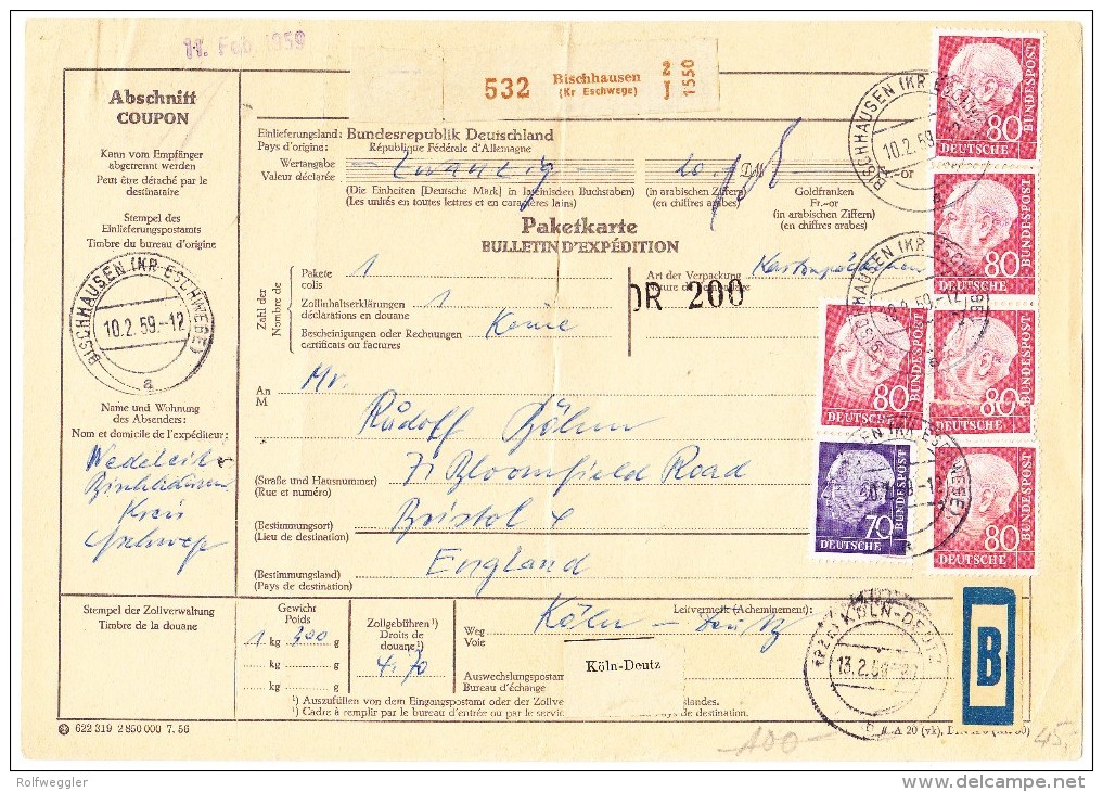 D - Paketkarte 10.2.1959 Bischausen Nach Bristol GB - Lettres & Documents