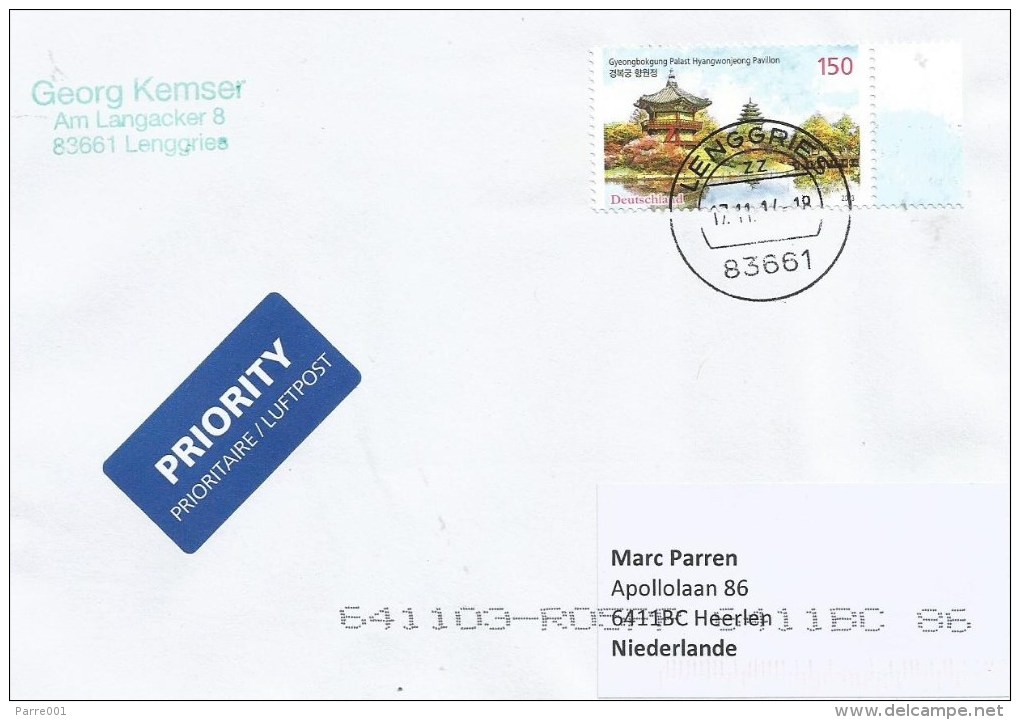 Germany 2014 Lenggries Joint Issue Korea Gyeongbokgung Palace Hyangwonjeong Pavillion 150c Cover - Emissions Communes