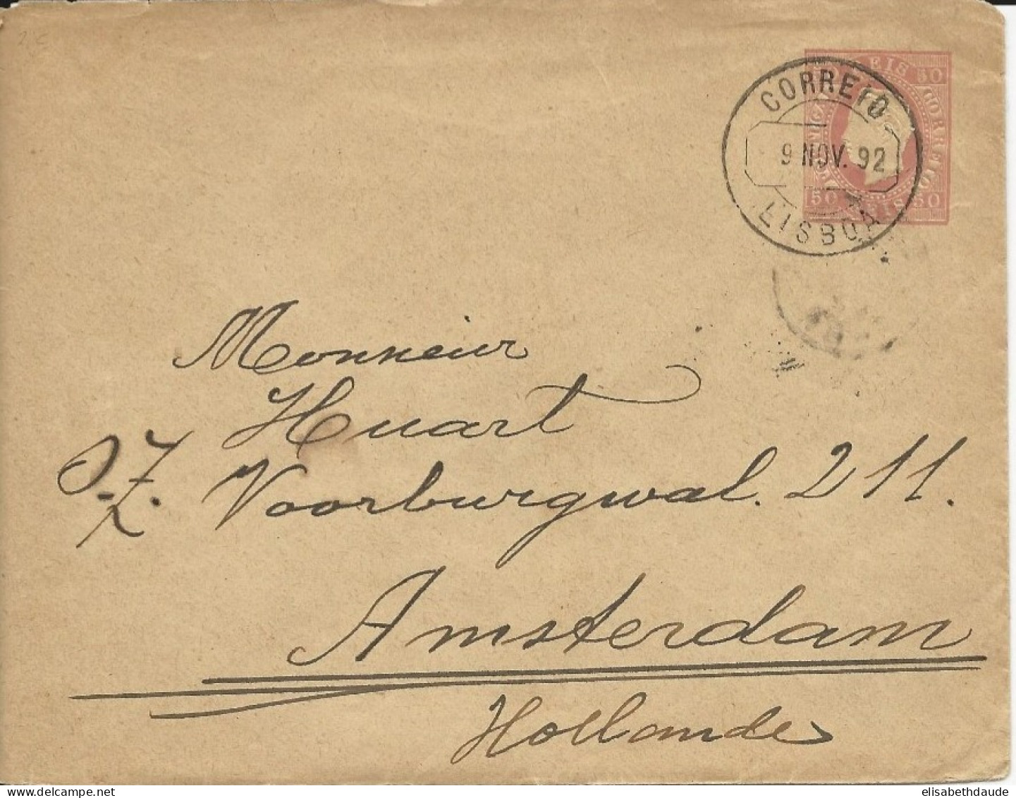 PORTUGAL - 1892 - ENVELOPPE ENTIER POSTAL 143x110 De LISBOA Pour AMSTERDAM (HOLLANDE) - Postal Stationery