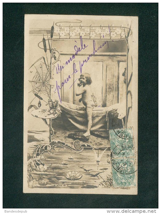 Enfant Petite Fille Fillette Grenouille Toile D' Araignée Nenuphar Jonc Mare Surrealisme Art Nouveau - Autres & Non Classés