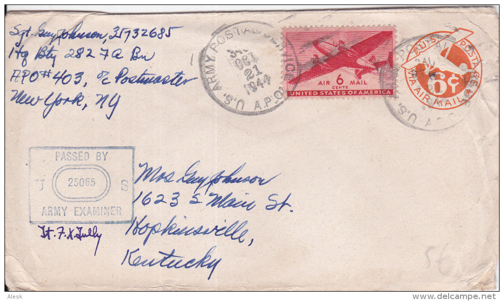 ETATS-UNIS Entier-postale Censurée + Pa26 Army Postal Service 21 Octobre 1944 Pour Hopkinsville - 1941-60