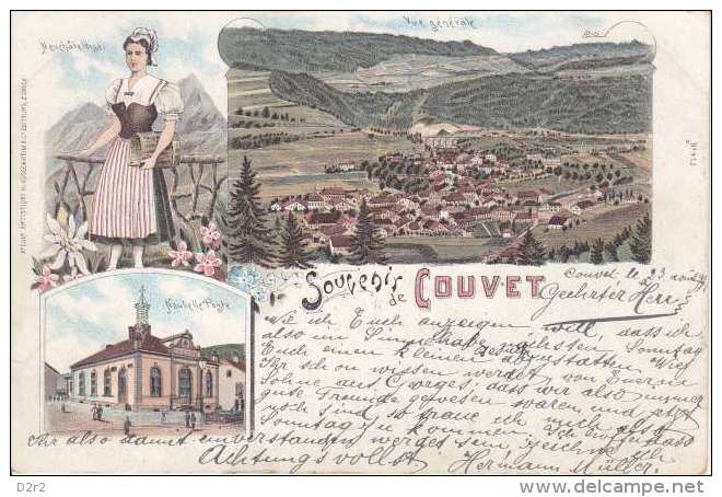 COUVET- SOUVENIR DE- LITHO-DOS UNIQUE ET CACHET D'ARRIVEE A LA BREVINE...RRR-TTB - La Brévine