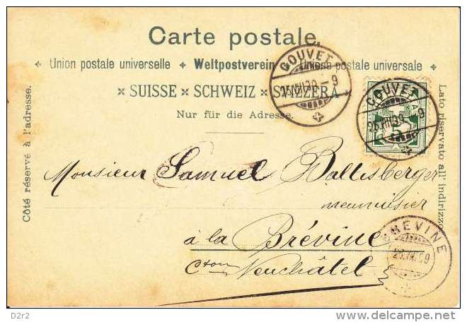 COUVET- SOUVENIR DE- LITHO-DOS UNIQUE ET CACHET D'ARRIVEE A LA BREVINE...RRR-TTB - La Brévine