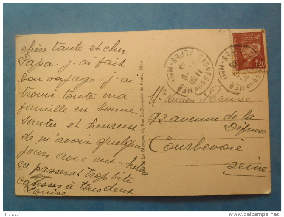 FRANCE Type Pétain 1f20 Brun , Cachet Cagnes Sur Mer 11-19-1943  Sur CP De Monaco , 2 Scans - Covers & Documents