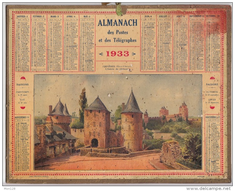 ALMANACH DES POSTES ET DES TELEGRAPHES 1933 -"FOUGERES -L'ENTREE DU CHATEAU " - Grand Format : 1921-40