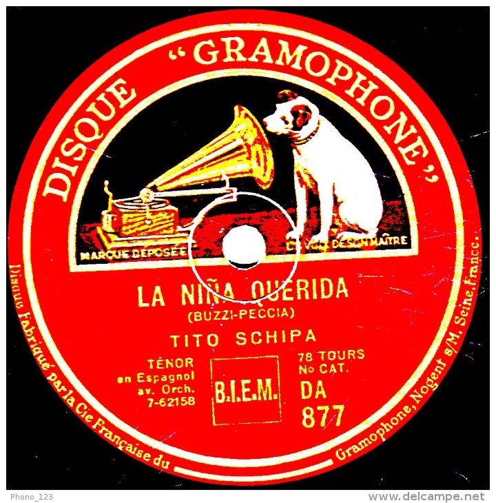 78 Trs  25 Cm  DISQUE GRAMOPHONE  D.A. 877  état TB   TITO SCHIPA Ténor   MAL D´AMORE Italien - LA NINA QUERIDA Espagnol - 78 Rpm - Schellackplatten