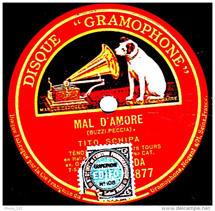 78 Trs  25 Cm  DISQUE GRAMOPHONE  D.A. 877  état TB   TITO SCHIPA Ténor   MAL D´AMORE Italien - LA NINA QUERIDA Espagnol - 78 T - Grammofoonplaten