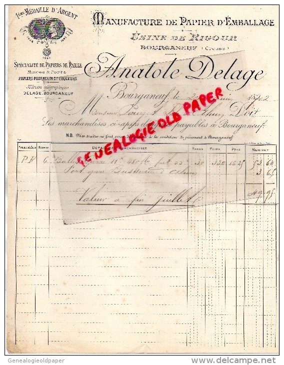 23 - BOURGANEUF - FACTURE ANATOLE DELAGE -MANUFACTURE PAPIER EMBALLAGE - USINE DE RIGOUR - PAPETERIE- 1902 - Drukkerij & Papieren