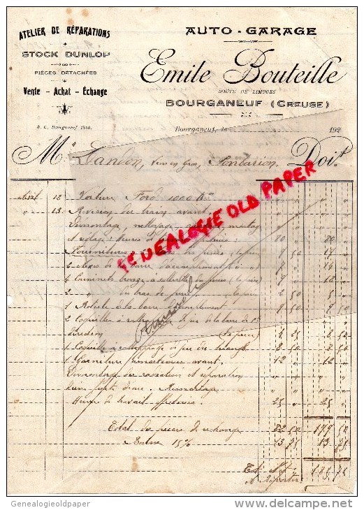 23 - BOURGANEUF - FACTURE AUTO- GARAGE- EMILE BOUTEILLE ROUTE DE LIMOGES- DUNLOP  1928 - Verkehr & Transport