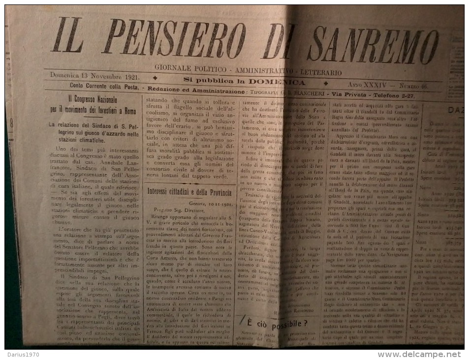 Giornali - Il Popolo -Annullo - Festa Nazionale Dell'Amicizia - 1981- Il Pensiero Di Sanremo- 13-11-1921. - Non Classificati