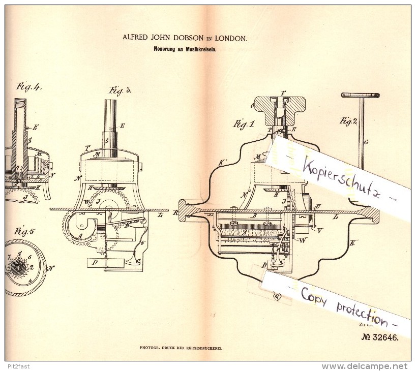 Original Patent - Alfred John Dobson In London , 1884 , Music Centrifugal , Gyroscope , Kreisel , Musikkreisel !!! - Toy Memorabilia