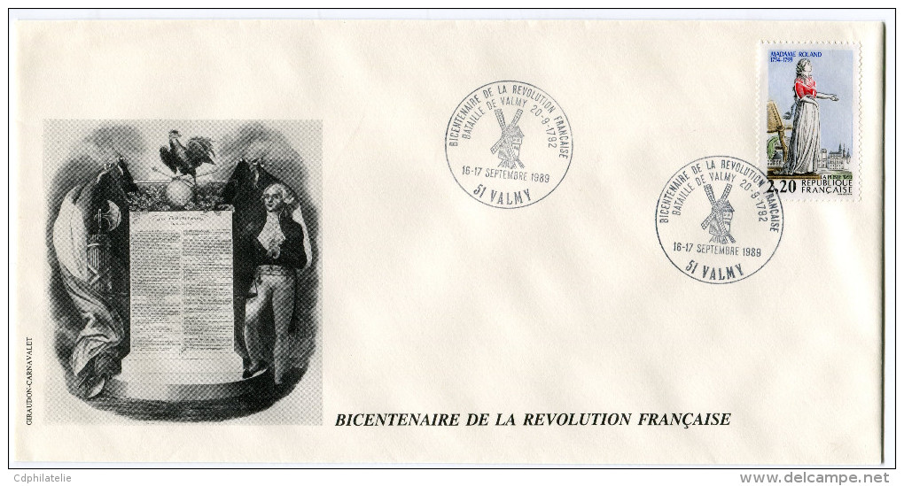 FRANCE THEME REVOLUTION FRANCAISE ENVELOPPE OBLITERATION 51 VALMY 16-17 SEPTEMBRE 1989 BATAILLE DE VALMY 20-9-1792 - French Revolution