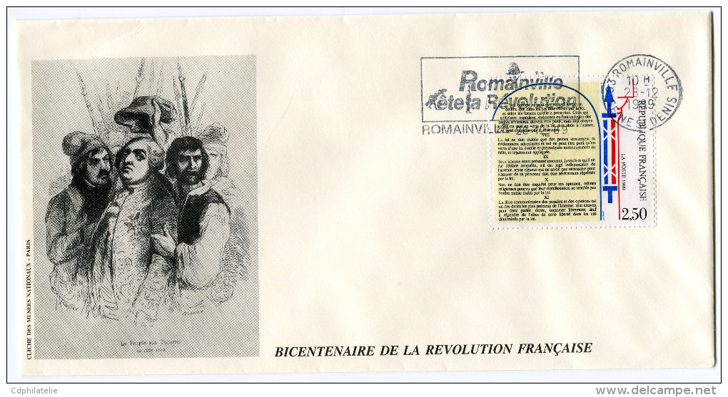 FRANCE THEME REVOLUTION FRANCAISE ENVELOPPE OBLITERATION 93  ROMAINVILLE 28-12-89 AVEC FLAMME ROMAINVILLE FETE LA...... - French Revolution