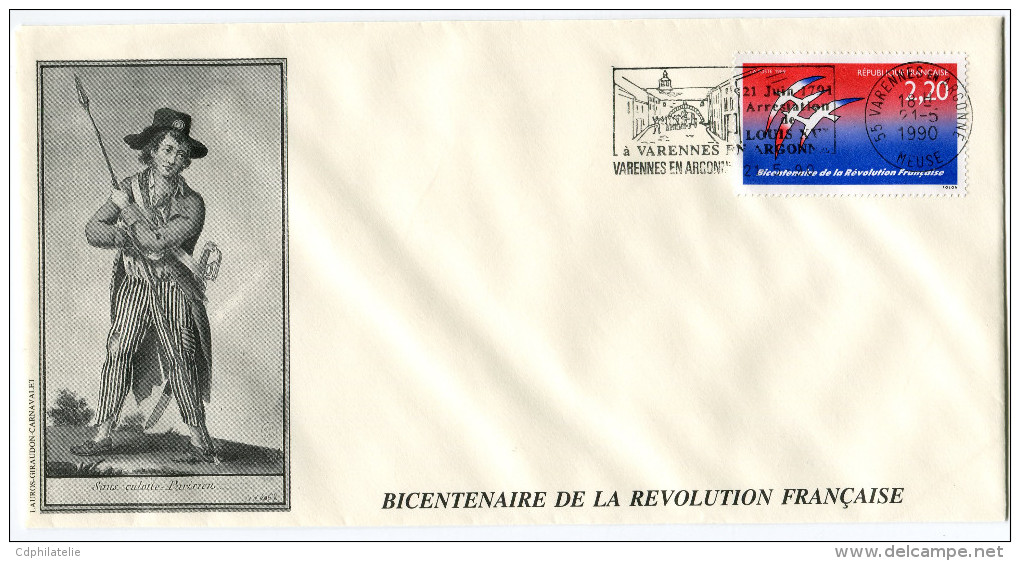 FRANCE THEME REVOLUTION FRANCAISE ENVELOPPE OBLITERATION 55 VARENNES EN ARGONNE 21-5-90 AVEC FLAMME 21 JUIN 1791........ - Rivoluzione Francese