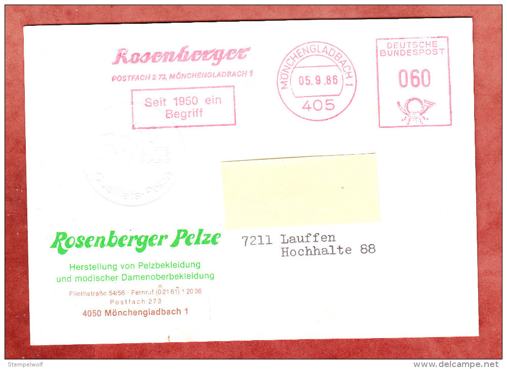 Karte, Absenderfreistempel, Rosenberger, 60 Pfg, Moenchengladbach 1986 (68372) - Briefe U. Dokumente