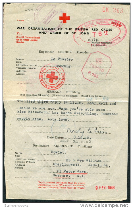 1942 Guernsey Red Cross Censor Message / Croix Rouge - Guernsey