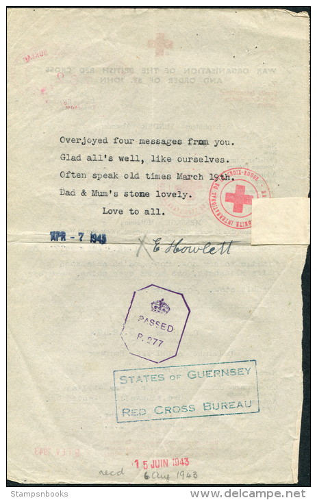 1942 Guernsey Red Cross Censor Message / Croix Rouge - Guernsey