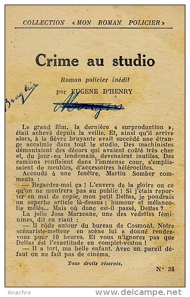 CRIME AU STUDIO Ed. Ferenczi 1946 Collection MON ROMAN POLICIER N°38 - Ferenczi