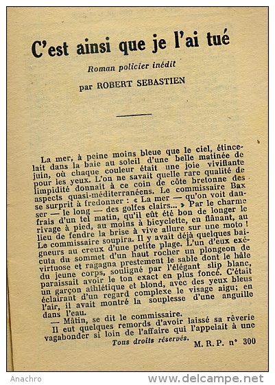 C'est Ainsi Que Je L'ai Tué Ed. Ferenczi 1954 Collection MON ROMAN POLICIER N°300 - Ferenczi