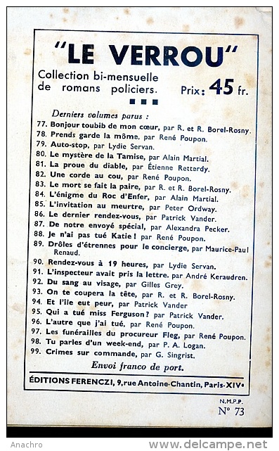 FAMEUX ALIBI Par Borel-Rosny Editions FERENCZI 1954 Collection "Police Et Mystère" N°73 - Ferenczi