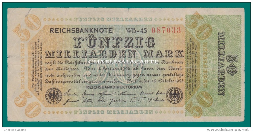 1923 GERMANY RARE 50 MILLIARDEN MARK KRAUSE 120a AVERAGE/GOOD CONDITION - 50 Miljard Mark