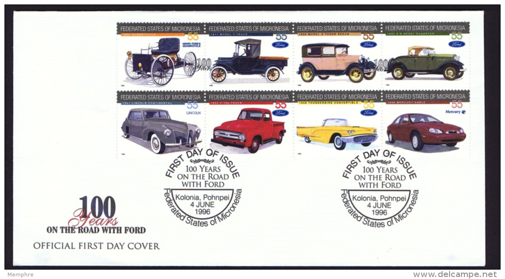 MICRONESIA   1996  Ford Motors Centennial Ford, Lincoln, Thunderbird, Mercury Cars And Trucks Se-tenant Sheet Of 8 FDC - Micronesia