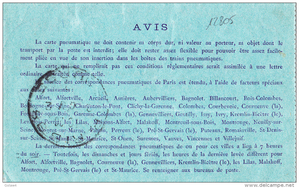 12805# PNEUMATIQUE SEMEUSE 30 Cts VIOLET Obl PARIS 1912 - Neumáticos