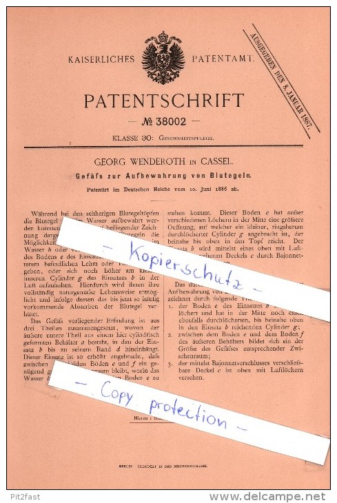 Original Patent  - Georg Wenderoth In Cassel , 1886 , Blutegel - Aufbewahrung , Arzt , Medizin , Heilung , Kassel !!! - Historische Dokumente