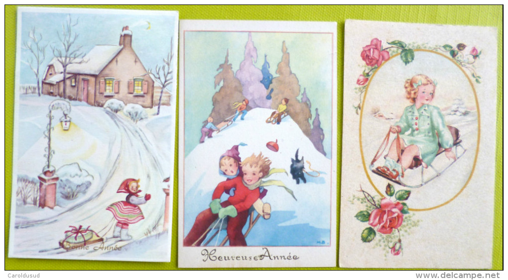 Lot 7x Cpa Litho Illustrateur M.B MARJOLAINE BASTIN FOX COLOPRINT DDLR PHOTOGLOB Enfant Traineau Luge JEU NEIGE - Collections, Lots & Séries