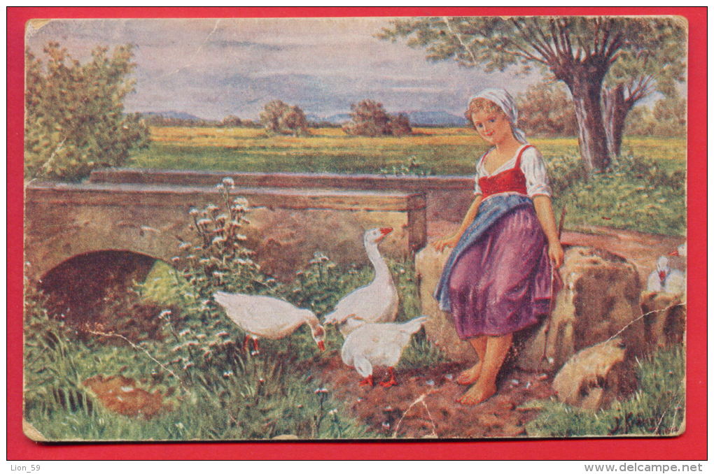 156650 / Austria Art Josef Kranzle - Domestic Goose Hausgans BIRD LITTLE GIRL BRIDGE - F.H.&amp;C.W. 5006 - Kraenzle