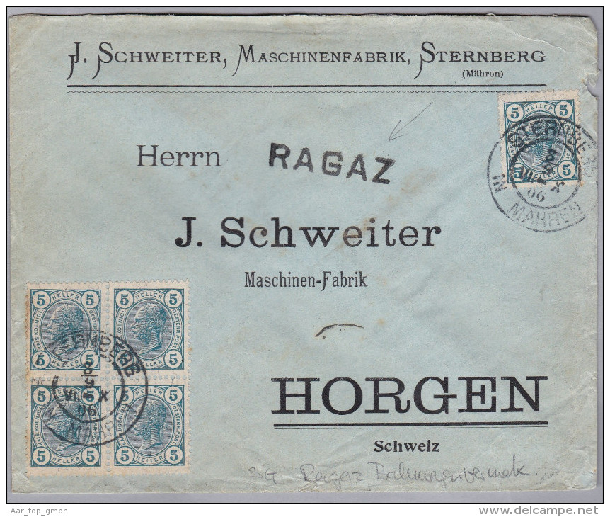 Heimat St Gallen (Bad) RAGAZ Bahnwagenvermerk 1906-09-08 Sternberg AT Brief Nach Horgen - Bahnwesen