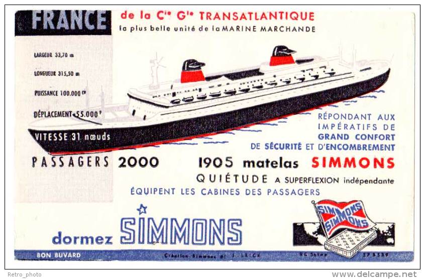 Buvard Matelas Simmons, Bâteau Le France De La Cie Gle Transatlantique - Auto's