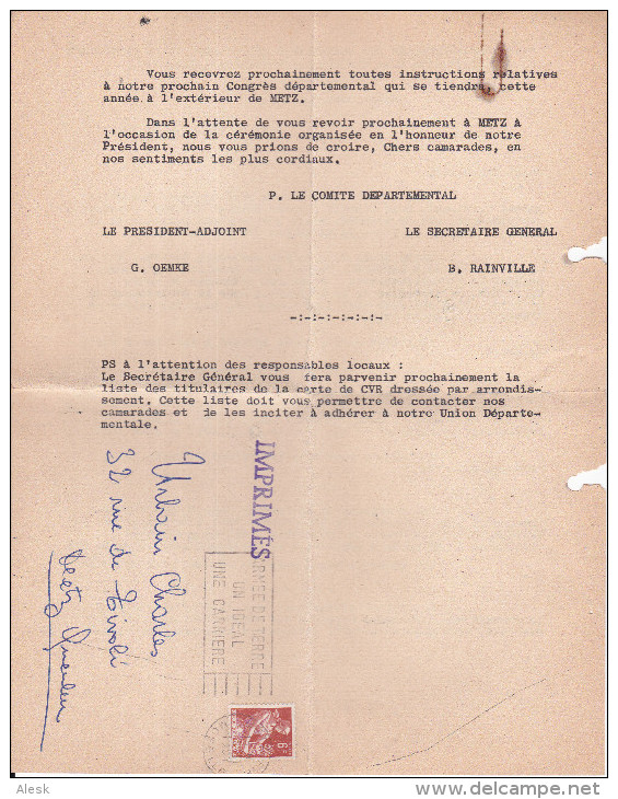 TARIF 1 JUILLET 1957 - MOISSONNEUSE N°1115 Imprimé Metz RP 5 Novembre 1957 - Flamme Armée De Terre Un Idéal Une Carrière - Tarifs Postaux