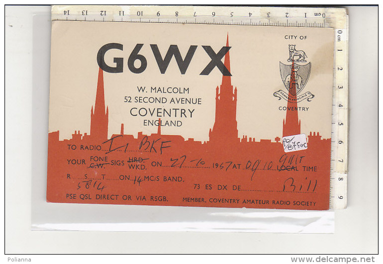 PO8750C# CARTE QSL - G6WX COVENTRY ENGLAND - RADIO II BKF - PUBBLICITA' AUTO HUMBER HAWK  No VG - Radio