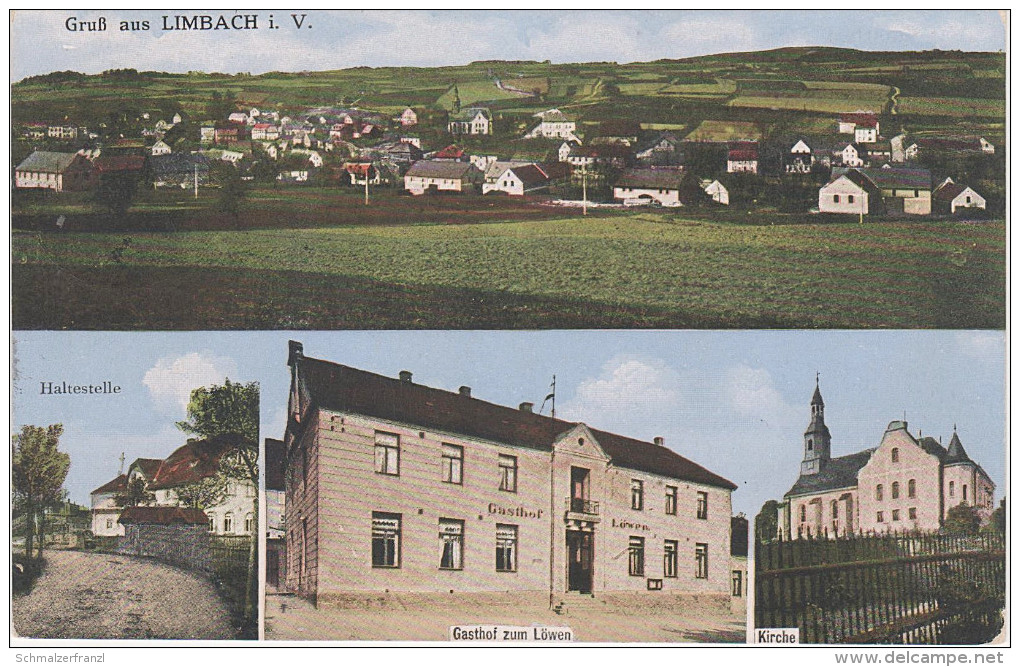 AK Gruss Limbach Vogtland Gasthof Zum Löwen Haltestelle Bus Kirche Reichenbach Treuen Bahnpost Stempel Leipzig Hof 4207 - Poehl