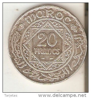 MONEDA DE PLATA DE MARRUECOS DE 20 FRANCS DEL AÑO 1347 (COIN) SILVER,ARGENT. - Marruecos