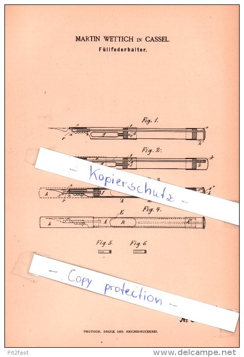 Original Patent  - Martin Wettich In Cassel , 1886 , Füllfederhalter , Federhalter , Füller , Kassel !!! - Schrijfgerief