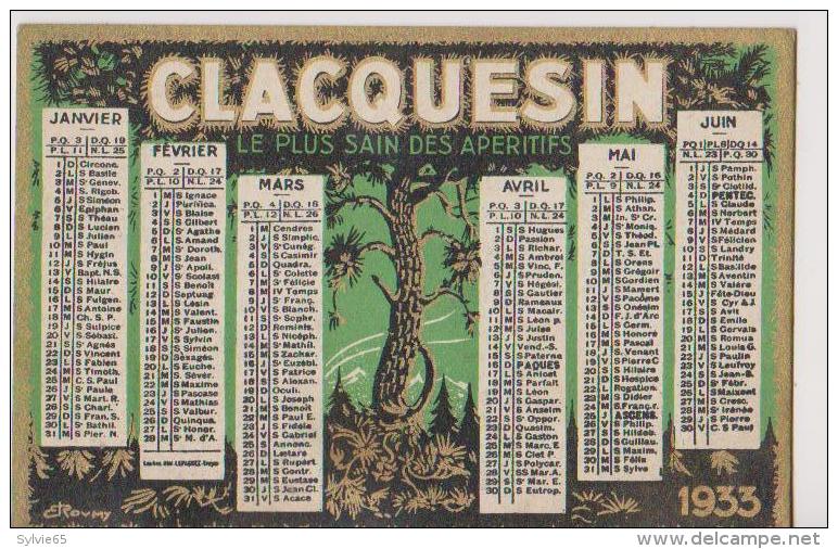 CALENDRIER  PETIT  FORMAT CLACQUESIN 1933 - Kleinformat : 1921-40